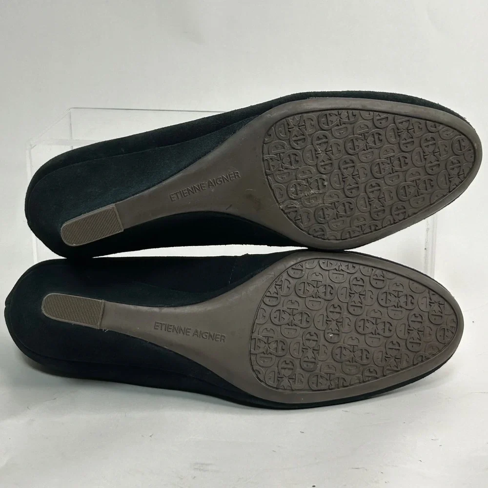 Etienne‎ Aigner Saint Suede Wedge Pumps Whipstitch Bow Round Toe 6M Blue Black